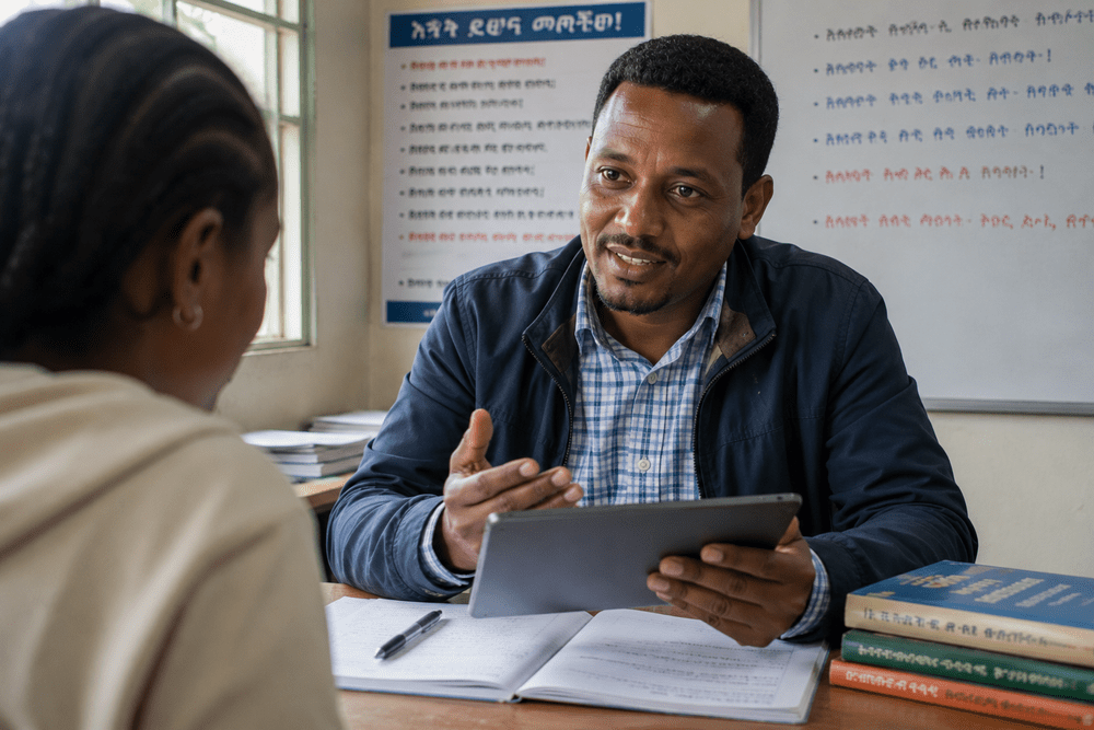 Illustration of a trainer and student in Ethiopia